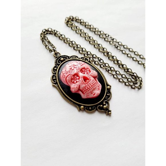 Bronze Red Metallic Sugar Skull Day of the Dead Gothic Rockabilly Cameo Necklace - Picture 3 of 4